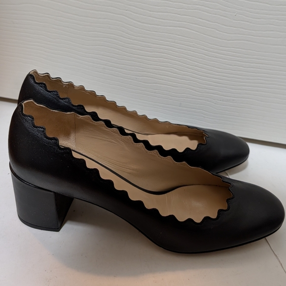 Chloe Shoes - Chloe Lauren Black Leather Scalloped Slip On Block Heel Pumps Size 37 Us 7
